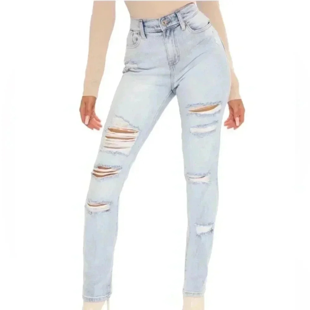 Fashion Nova High-Rise Ripped Slim Straight Leg Jeans